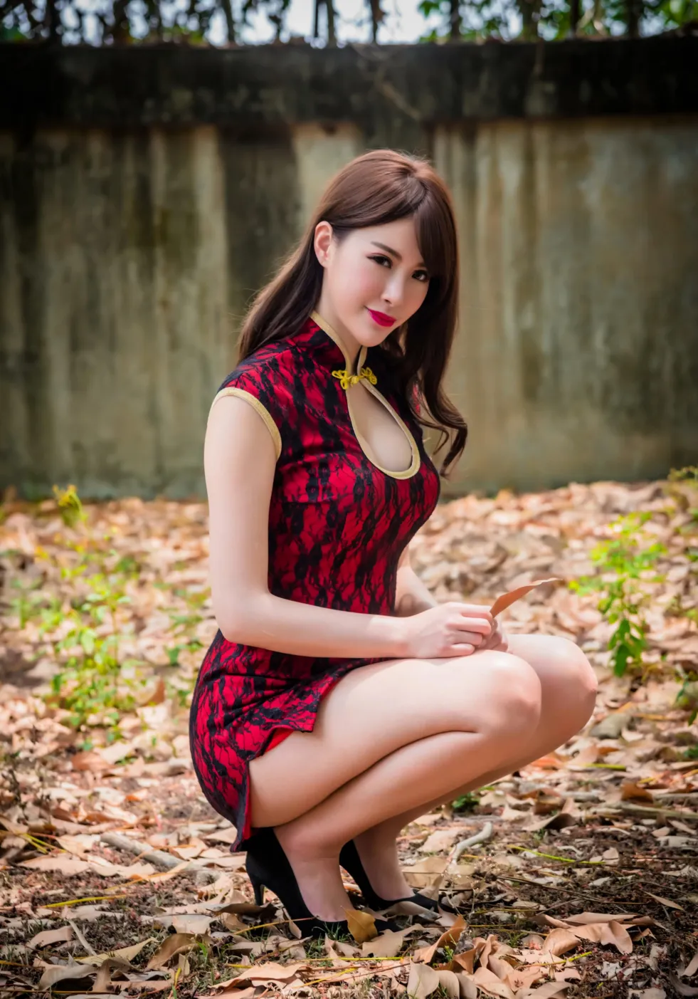 [Mzsock] NO.177 Wu Yuqi Red Flower Short Cheongsam High Heels Beautiful Legs street photography#[105P]-83